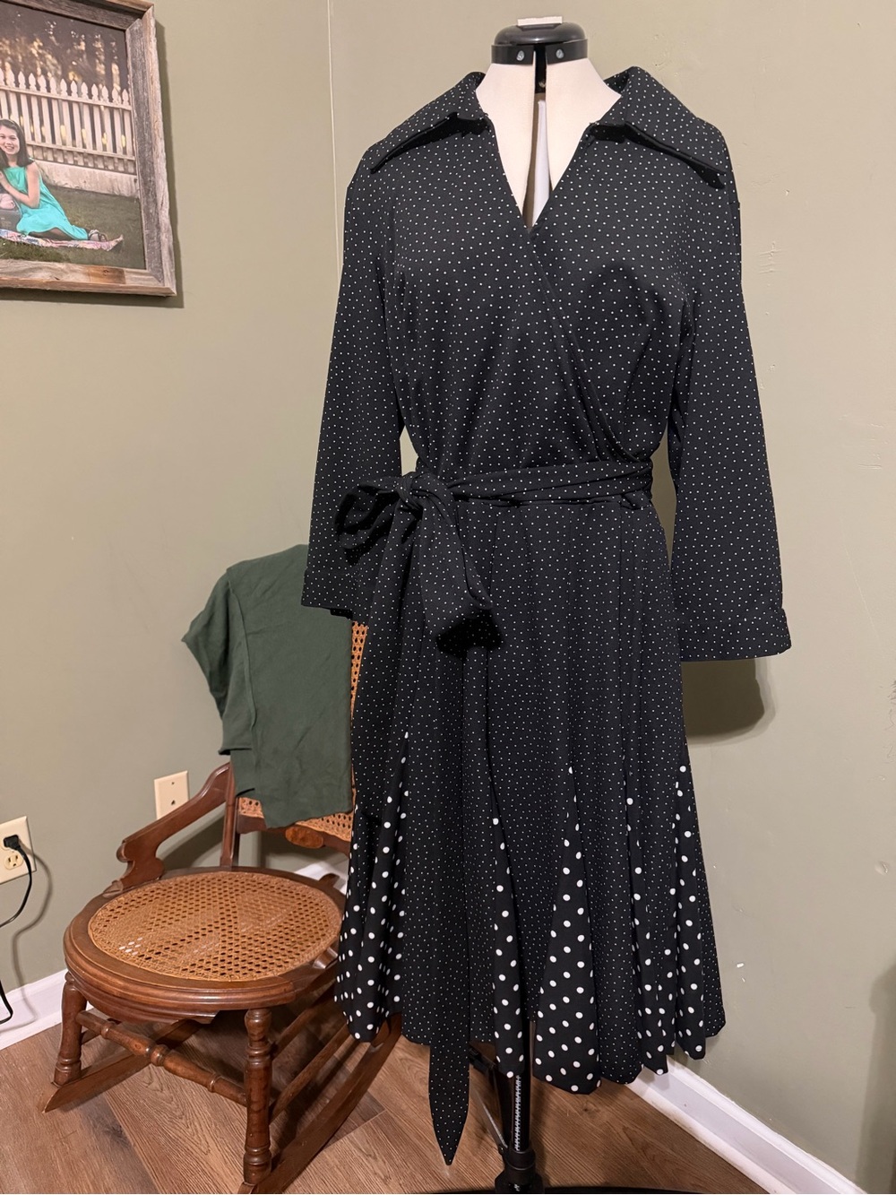 Melissa Masse Made to Measure Polka Dot Wrap Dress 1X Black White Midi‎ Dress